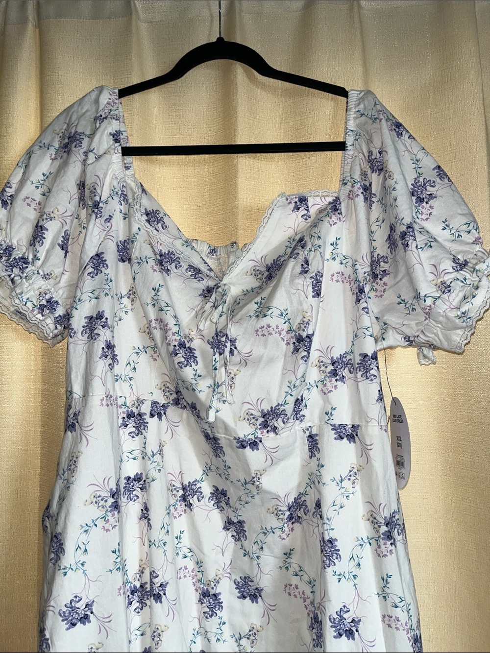 Women’s Scoop White Midi Dress with Purple Floral Print and Puff Sleeves - Picture 4 of 7
